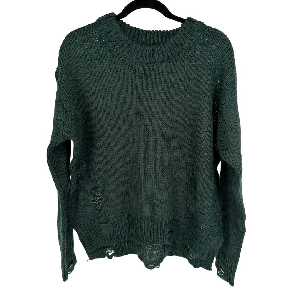 NEW Olivaceous Green Distressed Cable-Knit Sweater Sz Large